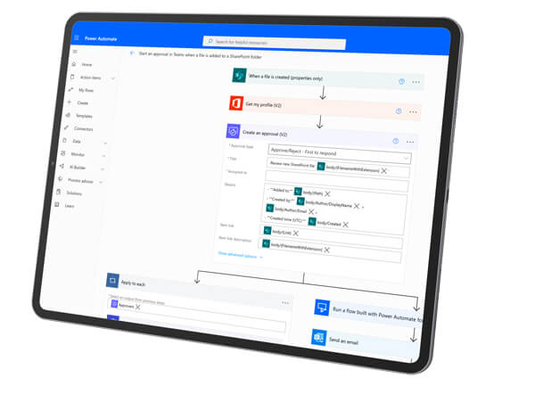 Presentación en pantalla de tablet de la interfaz de Power Automate, Microsoft Dynamics 365