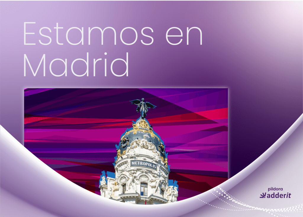 Estamos en Madrid, píldora informativa de Adderit junto con la foto del edificio de Metropolis
