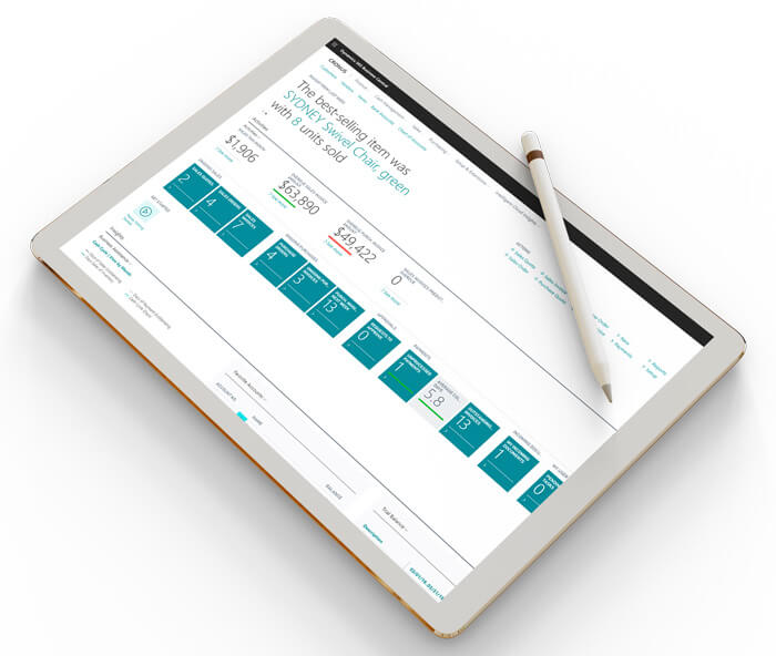 Presentación en pantalla de tablet de la interfaz de Business Central, Microsoft Dynamics 365