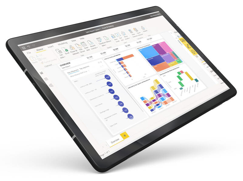 Presentación en pantalla de tablet de la interfaz de Power BI, Microsoft Dynamics 365