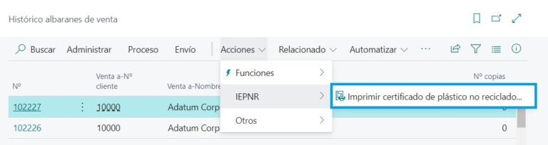 Interfaz de Business Central con la nueva extensión de Adderit para el IPNR en funcionamiento