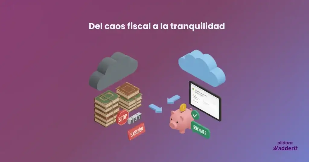 Infografía 3D que muestra la transición del caos de la gestión manual del impuesto al plástico a la automatización con Business Central.