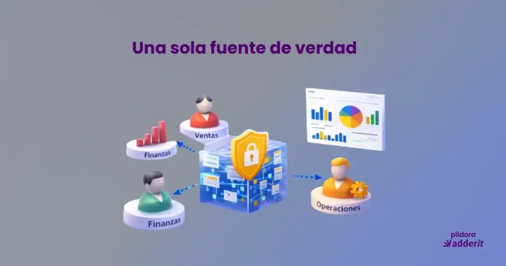 Ilustración 3D de una fuente única de verdad en Power BI que conecta ventas, finanzas y operaciones para tomar decisiones coherentes