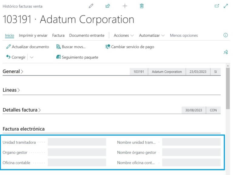 En la ficha de cliente se han añadido campos personalizados en la pestaña Factura electrónica (Unidad tramitadora, Organo gestor, Oficina contable, Nombre unidad tramitadora, Nombre órgano gestor y Nombre oficina contable) que, si se informan, son transmitidos a los documentos de ese cliente (al validar el cliente de facturación).