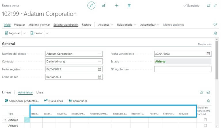 En línea documento venta se han añadido campos personalizados que, si se informan, son transmitidos a los documentos registrados de ese cliente y se incluyen en el formato Facturae.