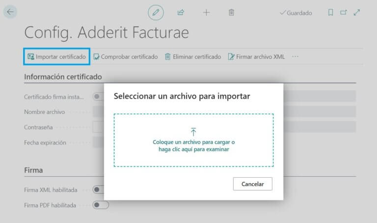 Para poder utilizar la funcionalidad de firma digital, tanto en ficheros XML como en ficheros PDF, se ha de importar un certificado válido con la acción “Importar certificado” en “Conf. Facturación electrónica Adderit”: