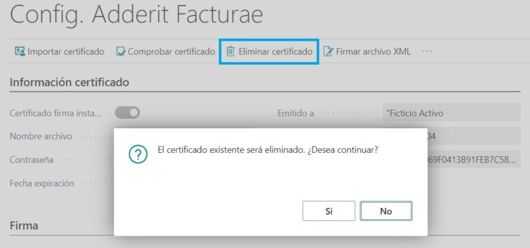 En caso de requerir eliminar el certificado, se puede realizar con la acción “Eliminar certificado”: