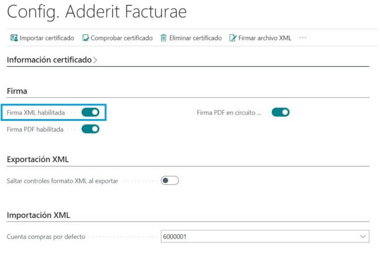 Una vez importado el certificado e informados los campos del servicio de firma, se pueden habilitar las firmas de XML y/o PDF. Para habilitar la firma de XML se ha de marcar Firma XML habilitada: