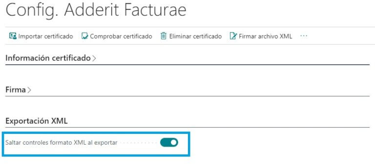 En la exportación de XML Facturae se realizan una serie de controles para comprobar el formato correcto de algunos campos con restricciones. Estos controles pueden ser saltados si se marca Saltar controles formato XML al exportar en Config. Adderit Facturae: