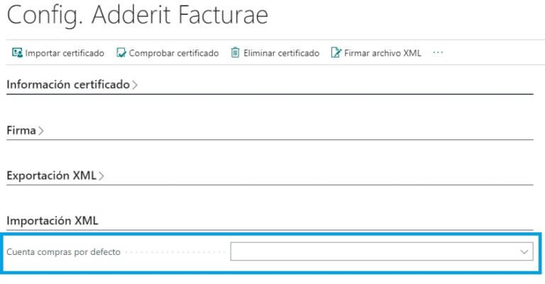 En la importación de XML Facturae el archivo puede contener líneas referidas a productos. Si el código de los productos no se encuentra catálogo de productos del sistema, se utiliza una cuenta contable genérica en el momento de crear la factura o abono de compra correspondiente. Esta cuenta contable se configura en el campo Cuenta compras por defecto de Config. Adderit Facturae: