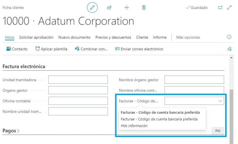 Si Facturae – Código es blanco, se considera 01. El sistema controla si hay informada una cuenta bancaria para las formas de pago con el campo Facturae - IBAN cuenta bancaria obligatorio marcado. Si este campo está marcado, se busca la cuenta bancaria en el banco por defecto informado en el campo Facturae - Código de cuenta bancaria preferida del cliente: