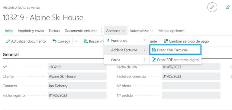 Desde la ficha se puede realizar la generación y descarga de un fichero siguiendo estos pasos: Pulsar Crear XML Facturae desde una factura o abono de venta