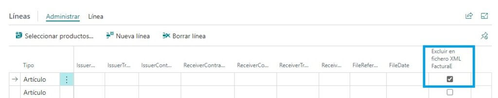 Es caso necesario, es posible excluir líneas de documento en el fichero XML de factura electrónica. Para excluir una línea se ha de marcar el campo Excluir en fichero XML FacturaE en las líneas que se desea excluir: