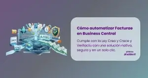 Ilustración 3D de ecosistema digital de factura electrónica integrado en Microsoft Dynamics 365 Business Central con módulos de Adderit FacturaE, FACe y cumplimiento de normativa Verifactu.