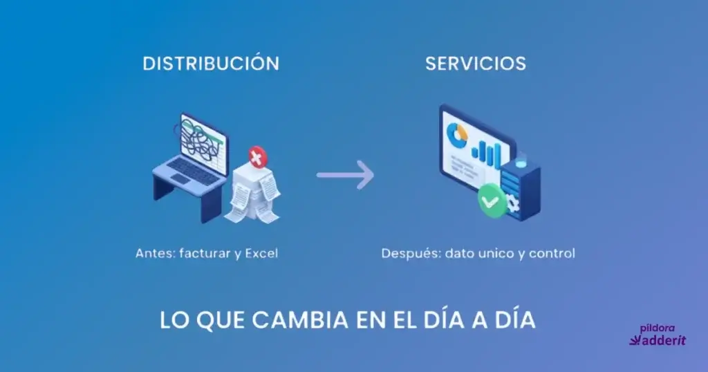Gráfico comparativo: Distribución antes con Excel y facturas, y Servicios después con dato único y control en Business Central