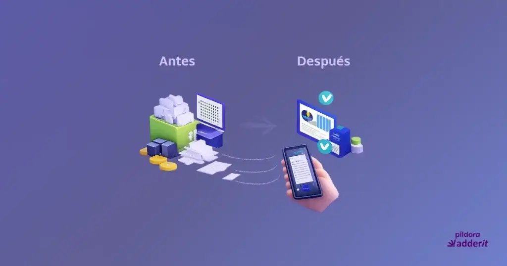 Comparativa de gestión de gastos: antes con tickets en papel y procesos manuales, después con captura desde móvil y gestión digital en Business Central.