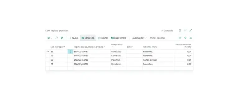 Captura de la configuración del registro de productores en Adderit EPR para Microsoft Dynamics 365 Business Central.