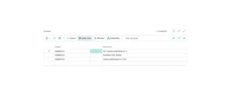 Captura de la tabla de envases en Adderit EPR para Microsoft Dynamics 365 Business Central.