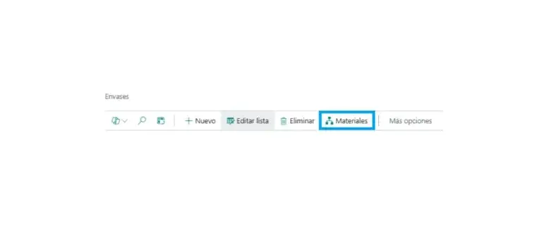 Captura del acceso a materiales desde la tabla de envases en Adderit EPR para Microsoft Dynamics 365 Business Central.