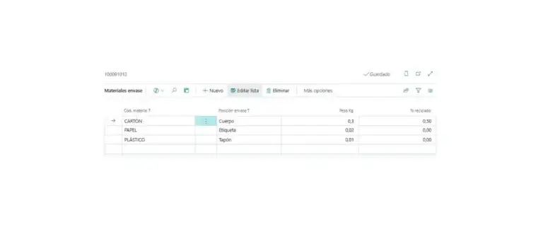 Captura de los materiales asociados a un envase en Adderit EPR para Microsoft Dynamics 365 Business Central.