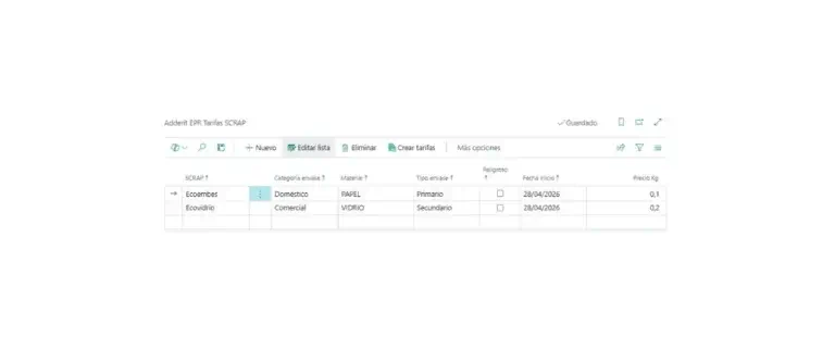 Captura de la configuración de tarifas SCRAP en Adderit EPR para Microsoft Dynamics 365 Business Central.
