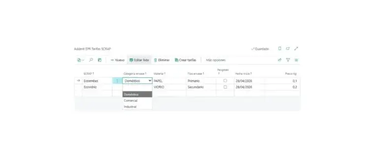 Captura de la selección de tarifas SCRAP en Adderit EPR para Microsoft Dynamics 365 Business Central.