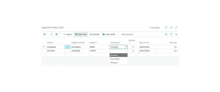 Captura de la configuración de categorías y tarifas SCRAP en Adderit EPR para Microsoft Dynamics 365 Business Central.