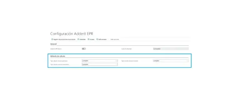 Captura de la configuración del método de cálculo en Adderit EPR para Microsoft Dynamics 365 Business Central.