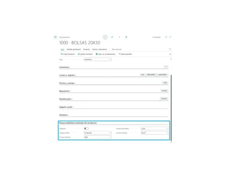 Captura de la ficha de producto con la configuración EPR en Adderit EPR para Microsoft Dynamics 365 Business Central.