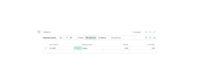 Captura de la composición de materiales del envase en Adderit EPR para Microsoft Dynamics 365 Business Central.