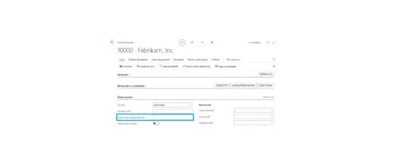 Captura de la ficha de proveedor con configuración RAP en Adderit EPR para Microsoft Dynamics 365 Business Central.