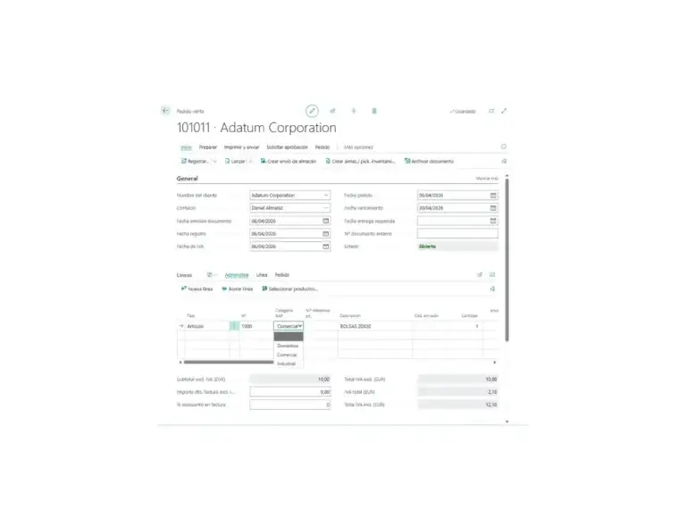 Captura de un pedido de venta con datos EPR en Adderit EPR para Microsoft Dynamics 365 Business Central.