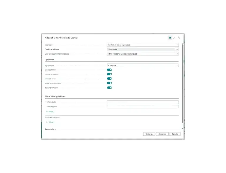 Captura del informe de ventas EPR en Adderit EPR para Microsoft Dynamics 365 Business Central.