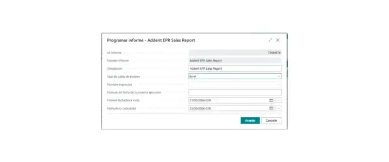 Captura de la programación automática del informe Adderit EPR Sales Report en Microsoft Dynamics 365 Business Central.