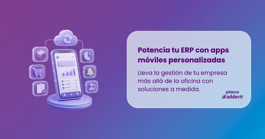 Ilustración 3D de una app móvil conectada al ERP con paneles de ventas, inventario, finanzas y clientes.