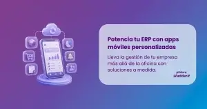 Ilustración 3D de una app móvil conectada al ERP con paneles de ventas, inventario, finanzas y clientes.
