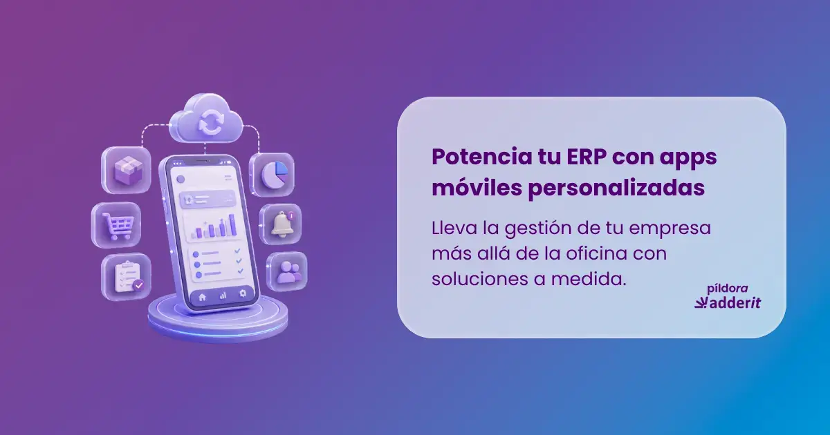 Ilustración 3D de una app móvil conectada al ERP con paneles de ventas, inventario, finanzas y clientes.