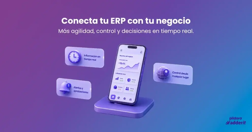App móvil conectada al ERP para consultar información en tiempo real, recibir alertas y gestionar el negocio desde cualquier lugar.