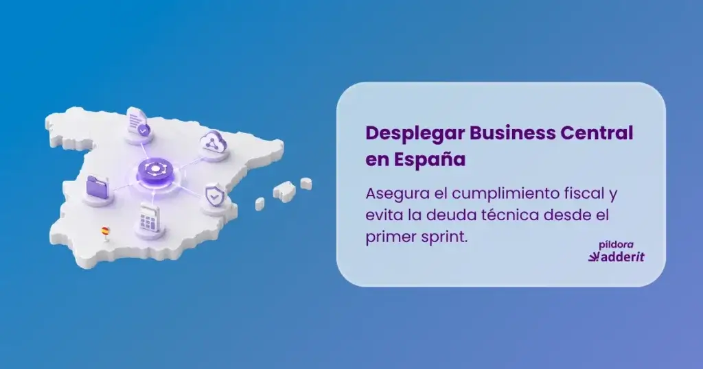 Infografía que muestra el mapa de España conectado mediante nodos digitales. El texto indica: Desplegar Business Central en España: Asegúrate del cumplimiento fiscal y evita deuda técnica desde el primer sprint. Píldora Adderit.