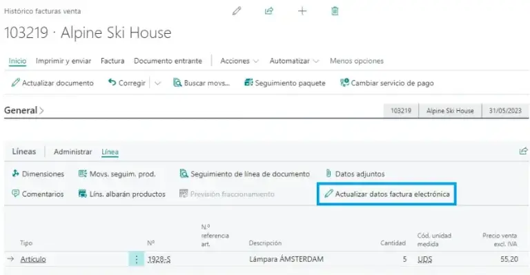 Opción para actualizar línea en la barra de herramientas de Adderit Facturae.