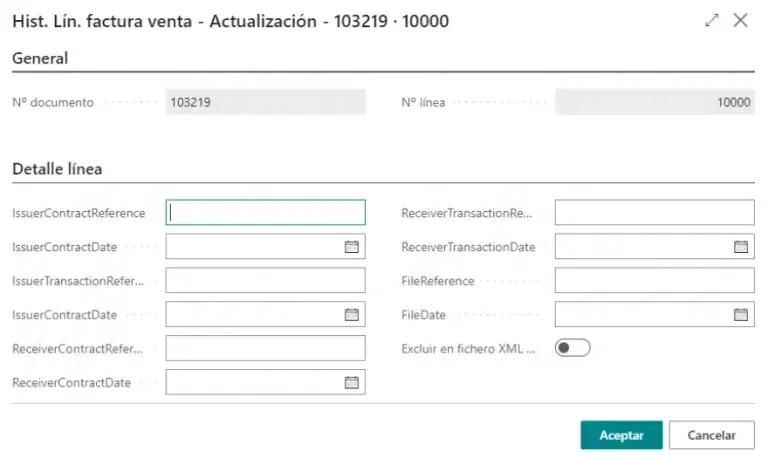 Ventana de configuración para actualizar la línea de factura en Adderit Facturae.