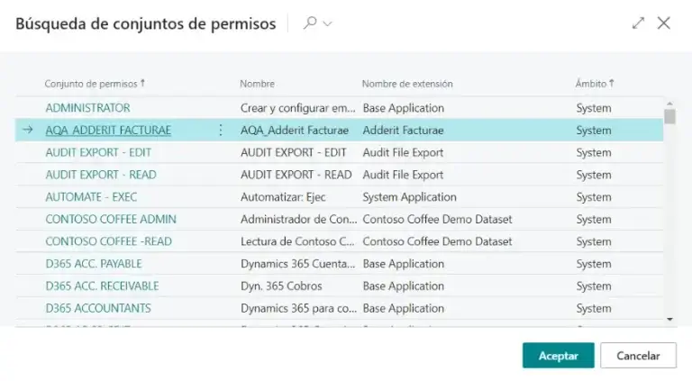 Ventana de búsqueda de conjuntos de permisos en Adderit FacturaE.