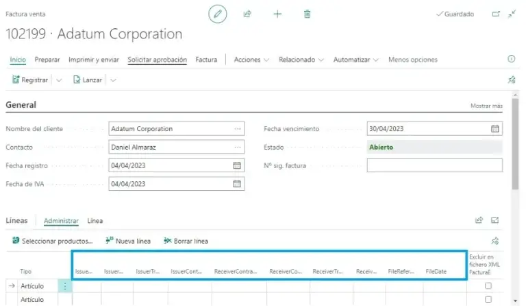 Configuración de campos de línea en la interfaz de Adderit Facturae.