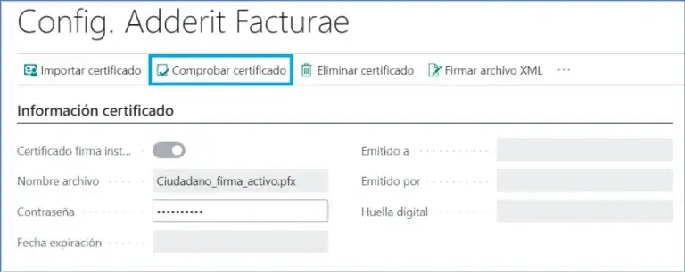 Opción para comprobar el certificado digital en la configuración de Adderit Facturae.