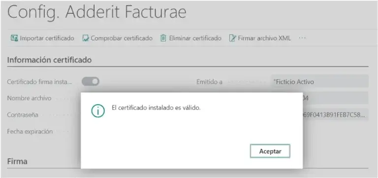 Mensaje de confirmación indicando que el certificado es válido en Adderit Facturae.