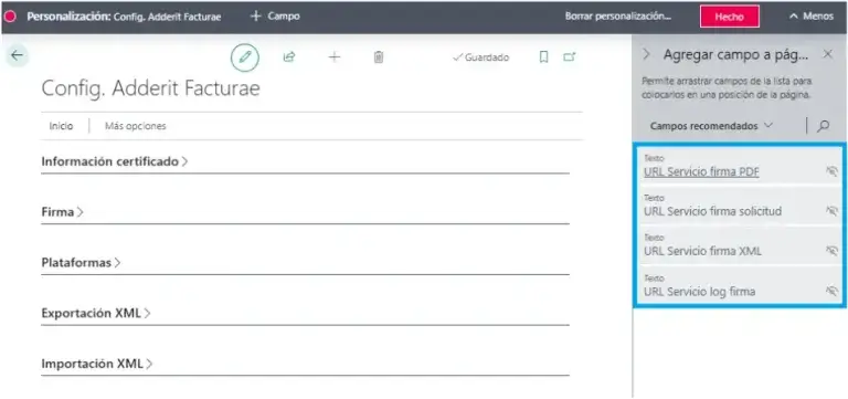 Panel de configuración avanzada de URLs en la interfaz de Adderit Facturae.