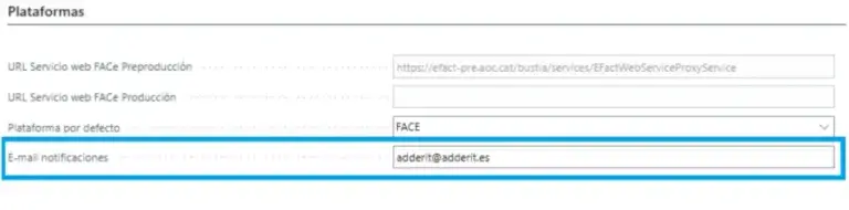 Sección final de configuración del conector FACeE y FACT en Adderit Facturae.