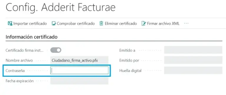 Campo de contraseña del certificado digital en la configuración de Adderit Facturae.