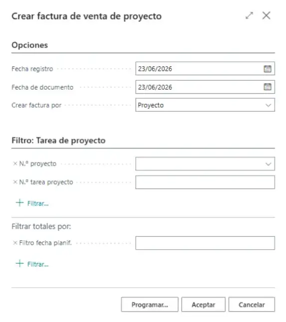 Opciones avanzadas y filtros para crear una factura de venta a partir de un proyecto en Adderit Facturae.