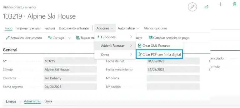 Opción para crear PDF con firma digital en la interfaz de Adderit Facturae.
